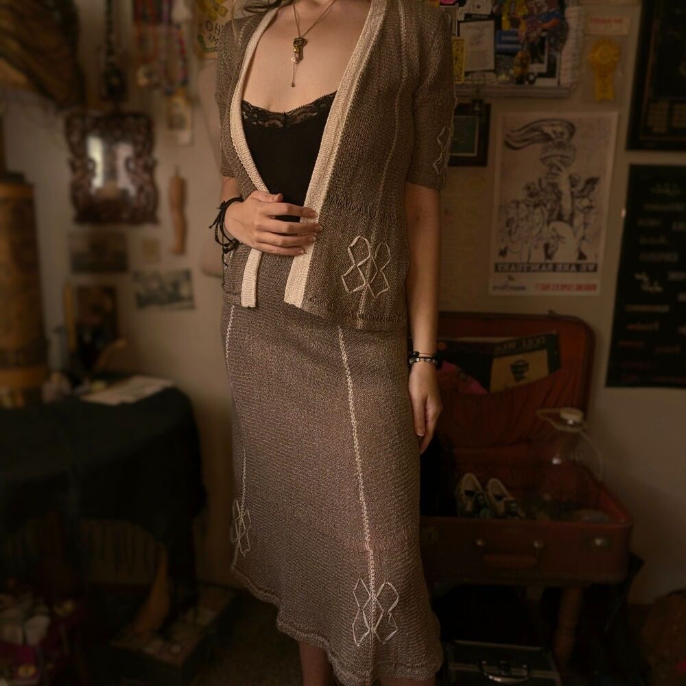 Vintage Mary Farrin Crochet Knit Cardigan Skirt Set Women's Small Light Brown